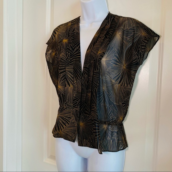 Silk Chiffon Print Deep V Pleated Blouse Size S - Picture 10 of 13